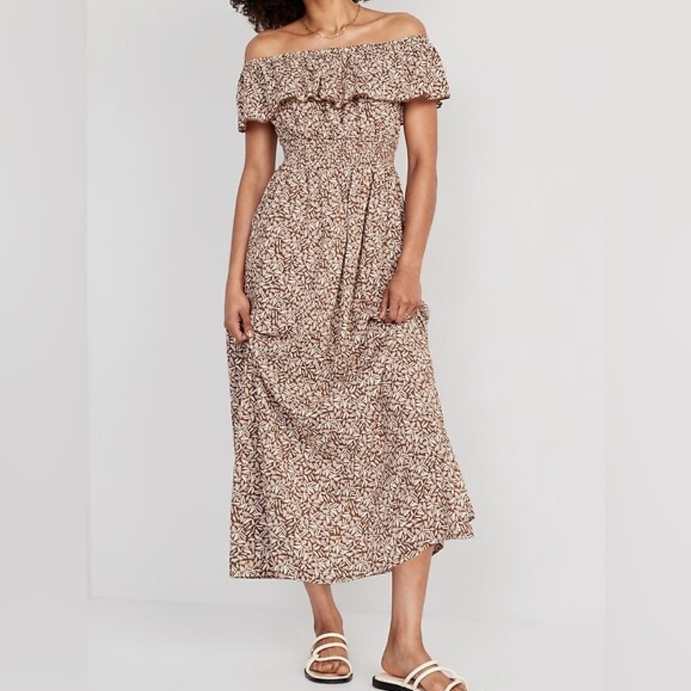 Old Navy Maxi Dress Size S ‎ Brown Print Smocked Peasant Cottage India